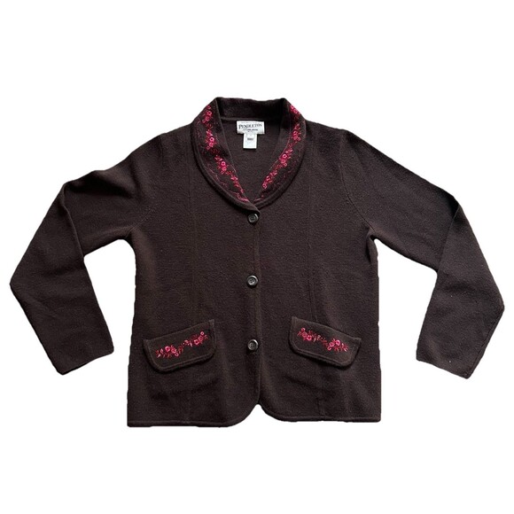 Pendleton Merino Wool Embroidered Cardigan Sweater Womens Small Petite Brown‎ - Picture 1 of 5